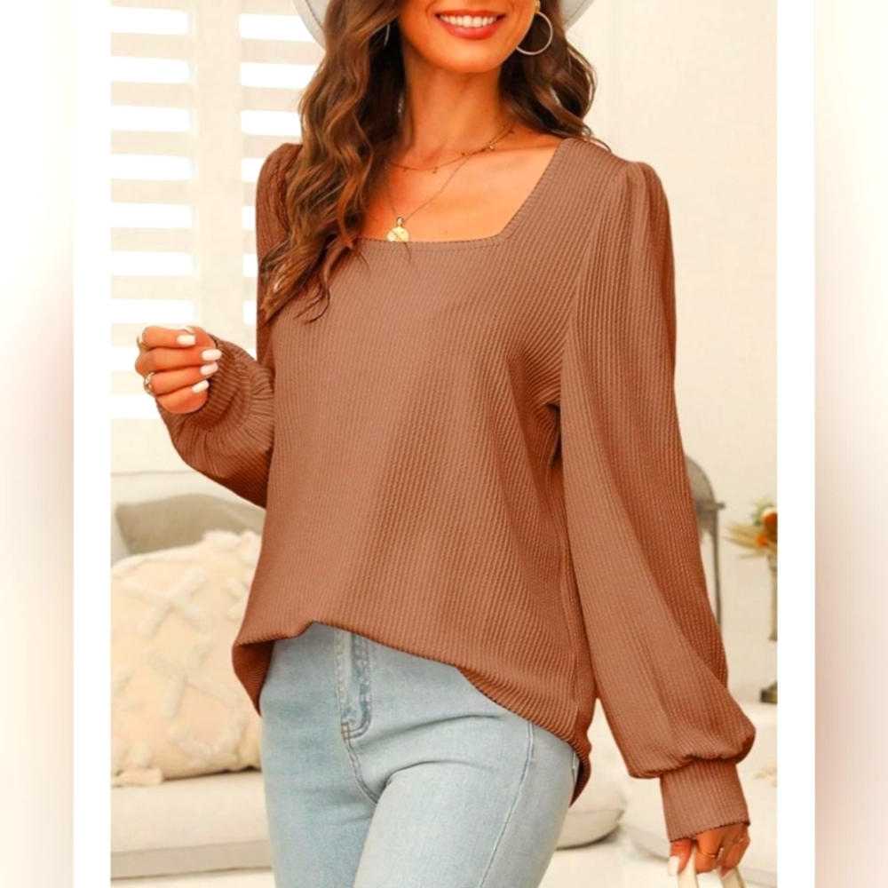 Tan Long Sleeve Square Neck Puff Sleeves Relaxed Blouse Top Sz XL - Picture 2 of 13